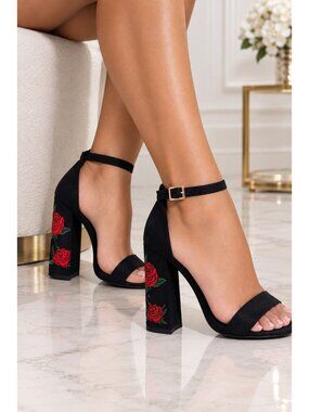 Black Suede Open Toe High Heel Sandals with Red Floral Embroidered Block Heels